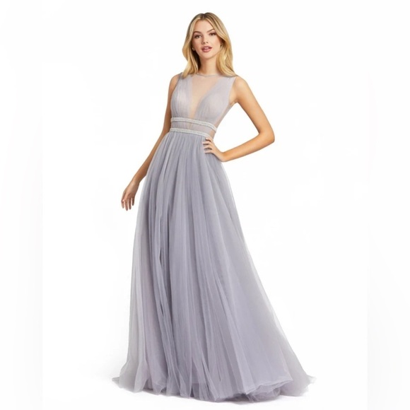 Mac Duggal 20188 NWT ILLUSIONS PLUNGE NECK A-LINE PLATINUM GOWN DRESS - Picture 1 of 7